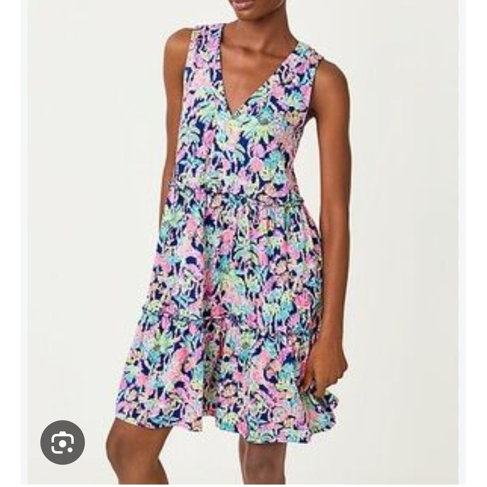 Lilly Pulitzer Lorina Swing Mini Dress V Neck Oyster Bay Navy Blue Ruffle Small